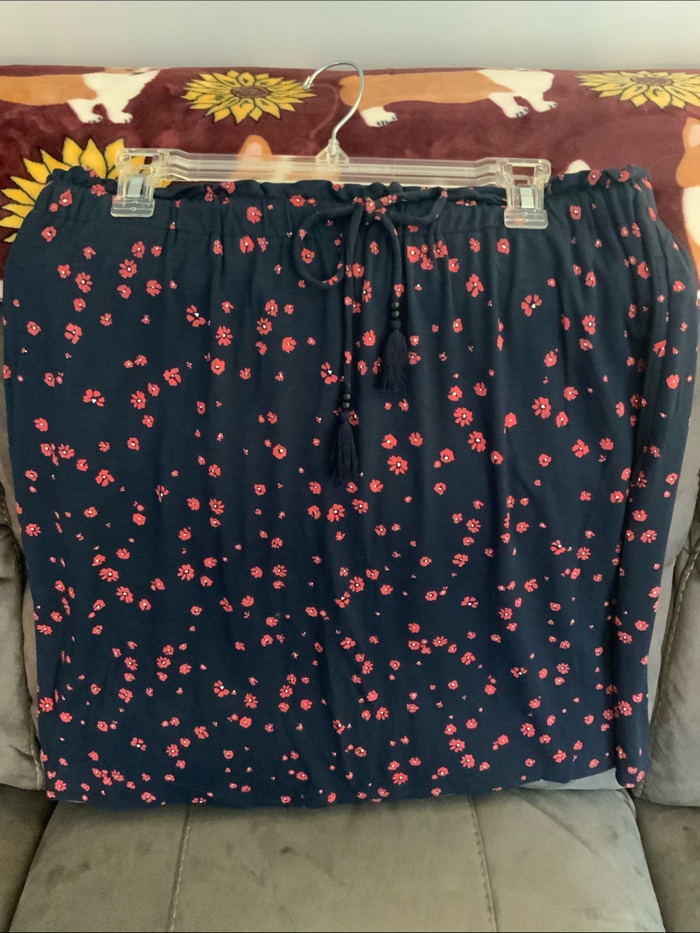 J Jill Navy Drawstring Skirt with Red Floral Print